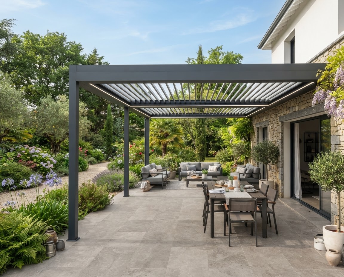 Pergola bioclimatique anthracite à lames orientables sur une terrasse en pierre