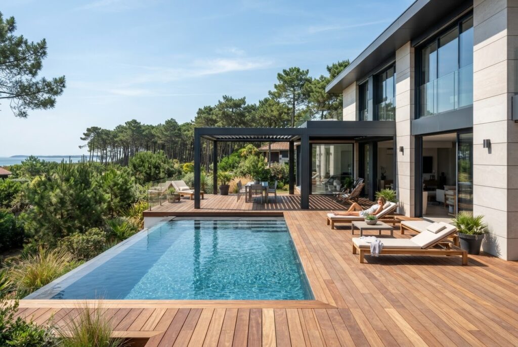 Pergola bioclimatique au bord d'une piscine, sur une terrasse en bois