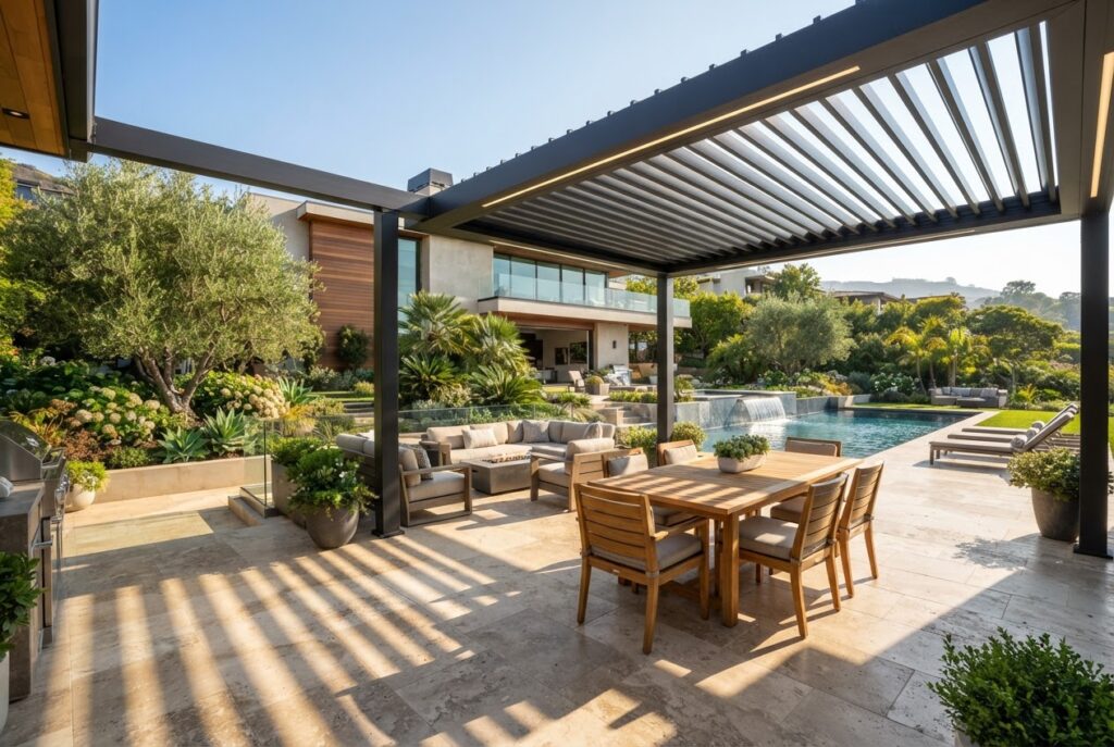 Pergola à toit plat au-dessus d'une table de jardin, sur une terrasse ensoleillée