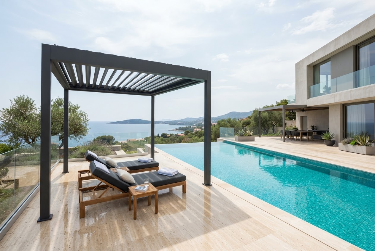 Pergola autoportée au bord d'une piscine