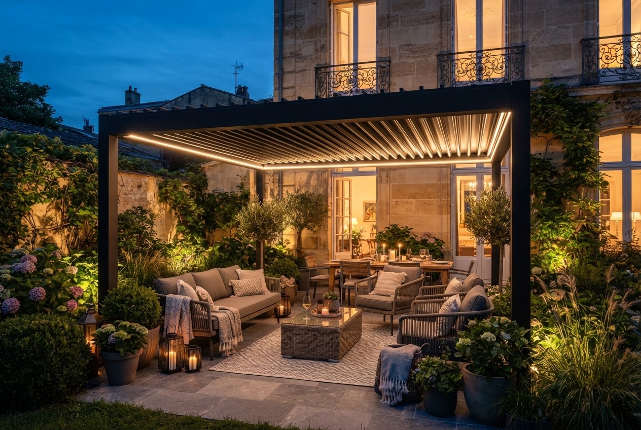 Pergola adossée anthracite éclairée le soir dans une cour bordelaise