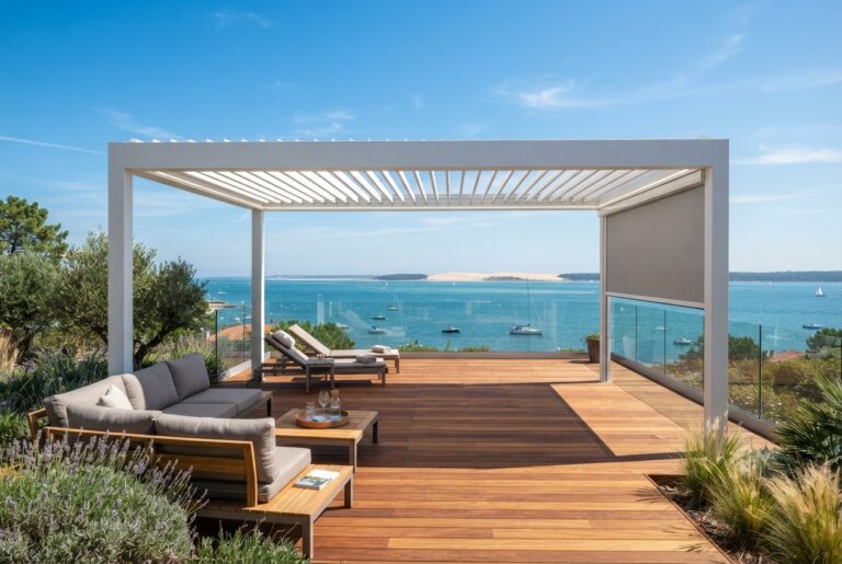 Pergola rétractable blanche sur une terrasse en bois face au bassin d'Arcachon